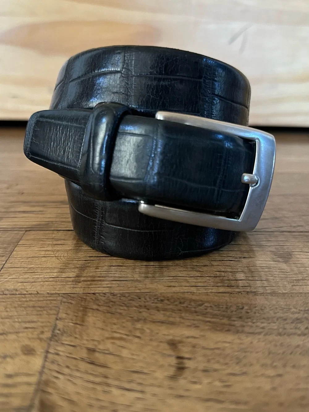 Black Croc-Embossed Leather Belt with Silver Buckle